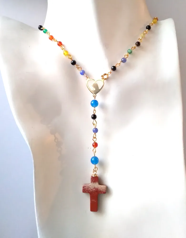 Gemstone Rosary with Red Jasper Cross Necklace