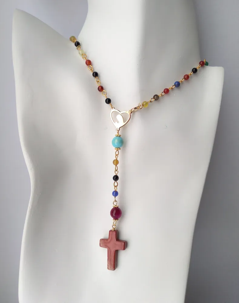 Gemstone Rosary with Red Jasper Cross Necklace