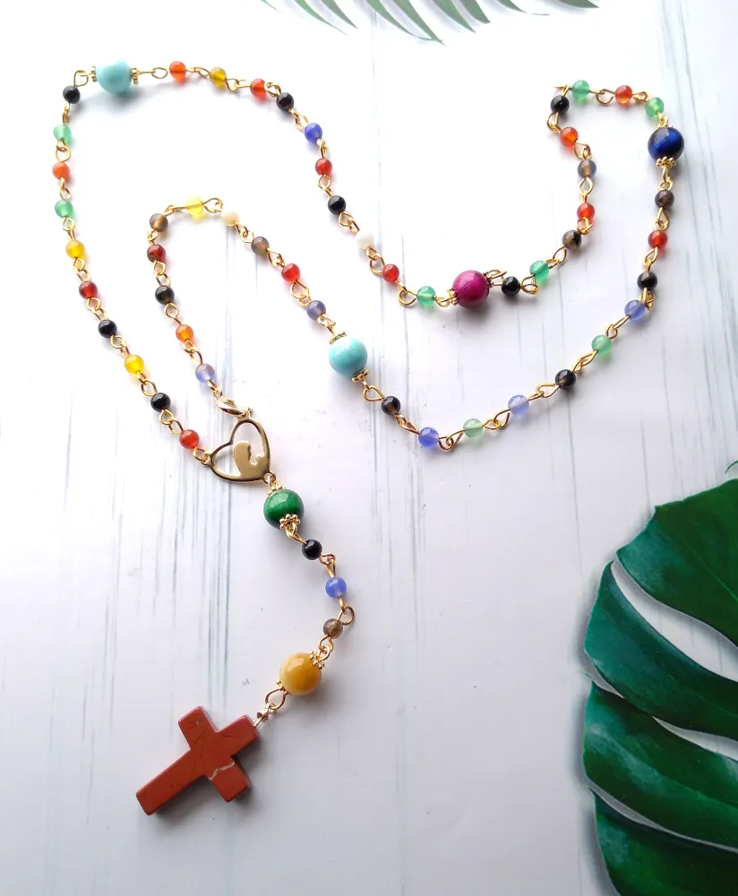 Gemstone Rosary with Red Jasper Cross Necklace