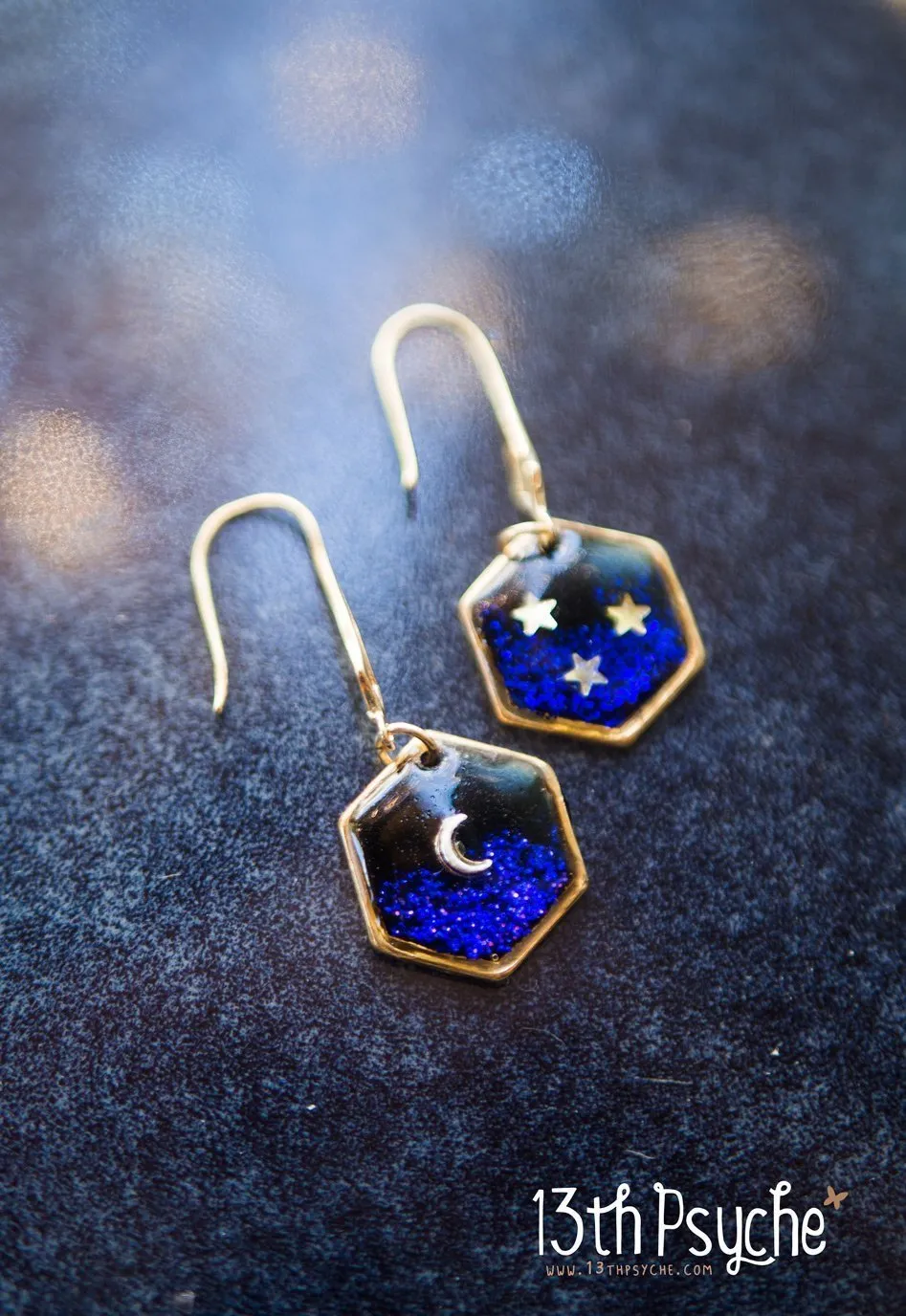 Gold moon and stars hexagon earrings