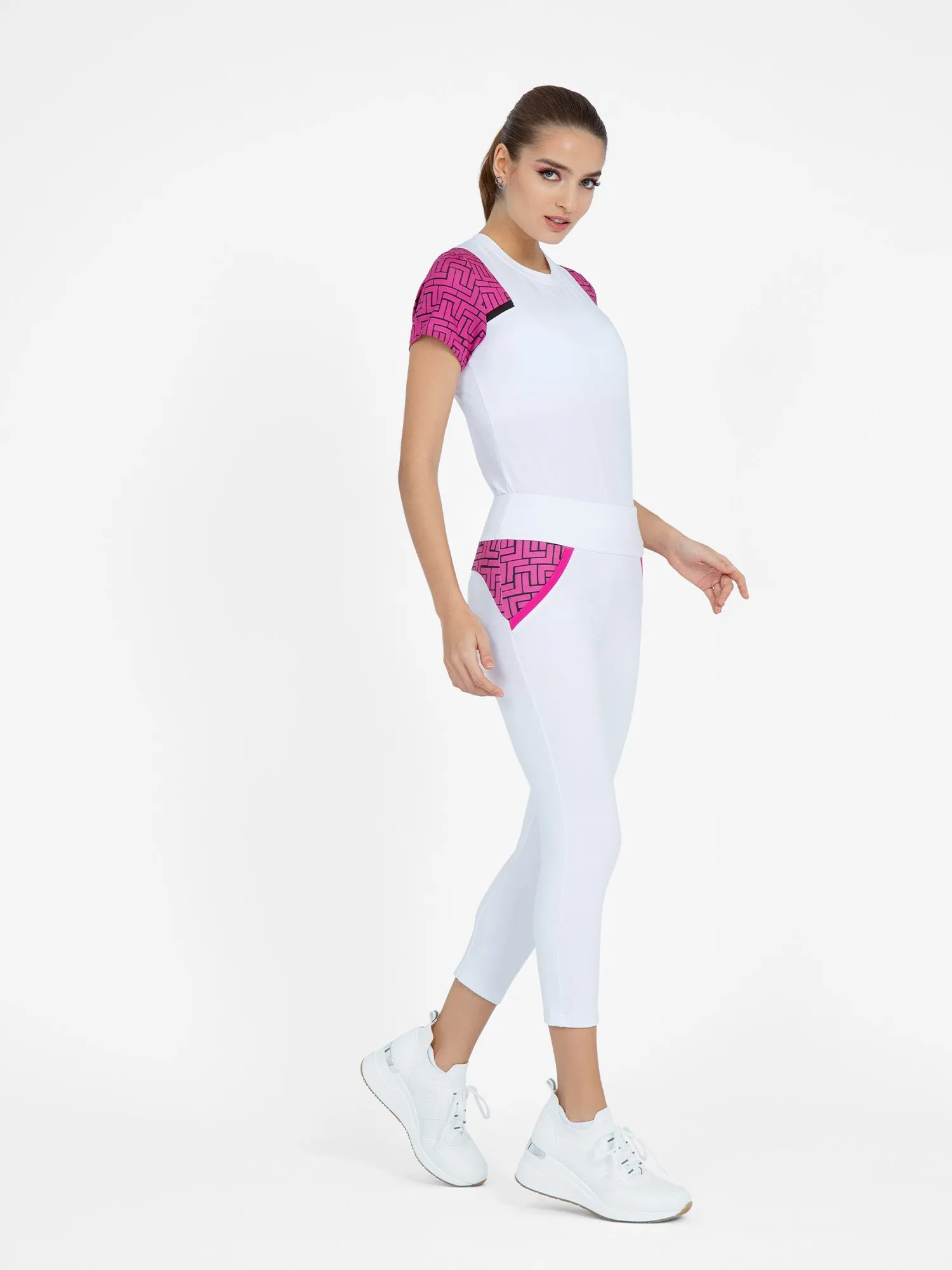 Golf Ready Athleisure Camila Capri - White/Pink Tessel