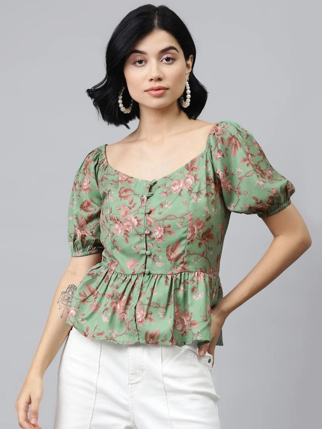 Green Floral Front Button Peplum Top