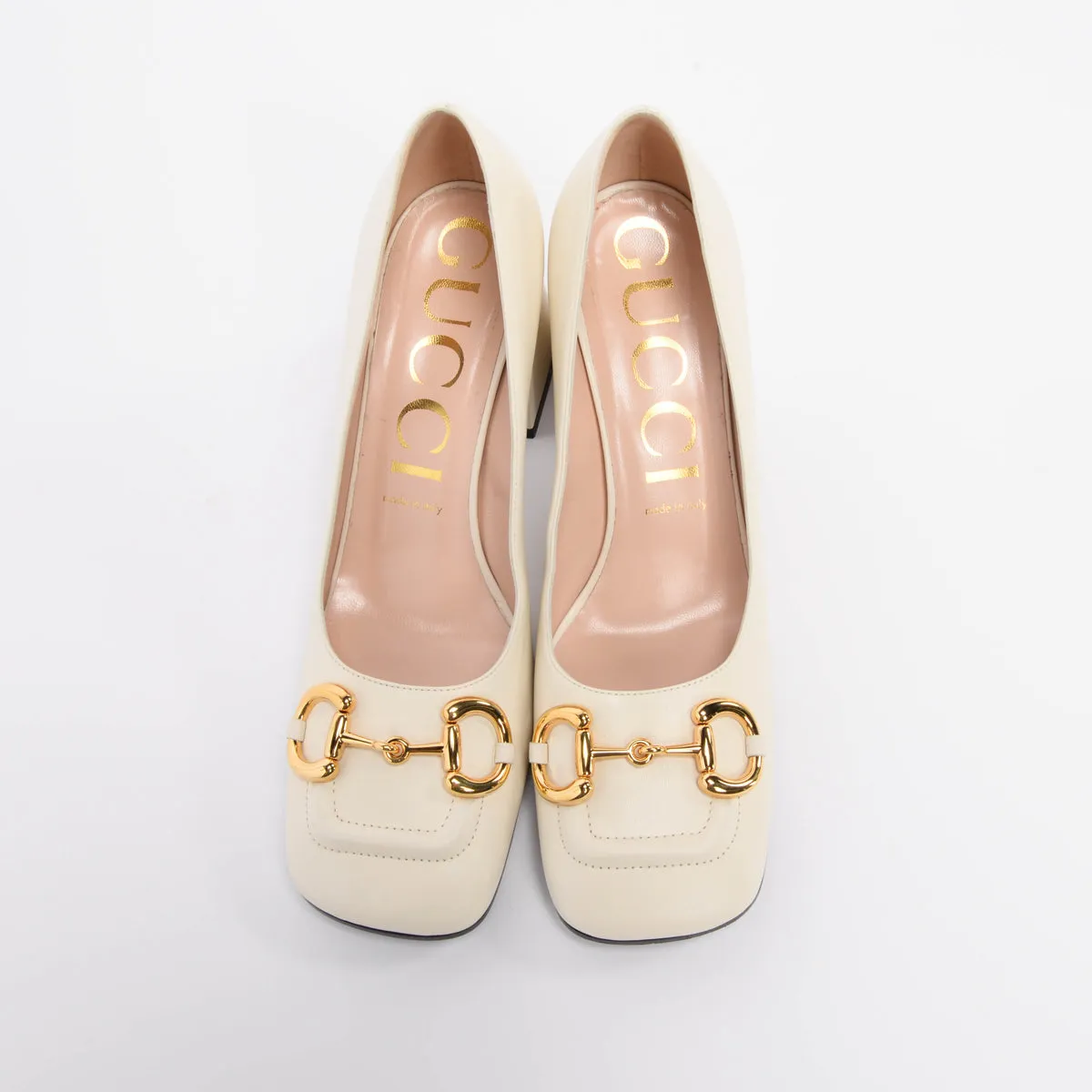 Gucci White Calfskin Horsebit Mid-Heel Pumps 40.5