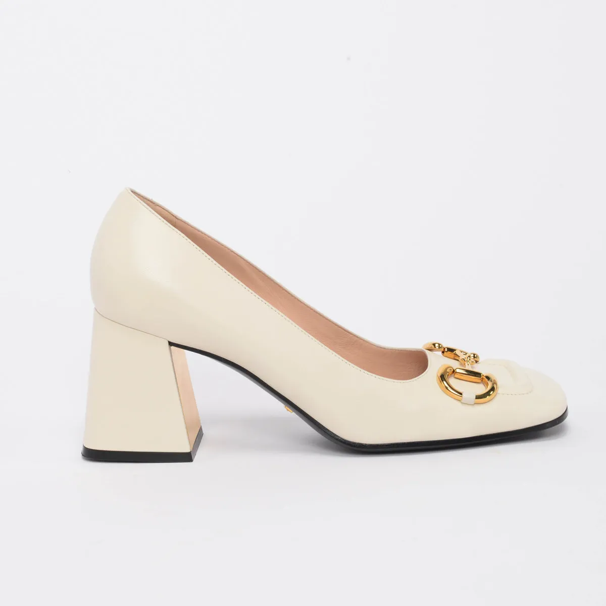 Gucci White Calfskin Horsebit Mid-Heel Pumps 40.5