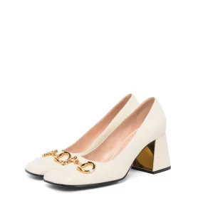 Gucci White Calfskin Horsebit Mid-Heel Pumps 40.5