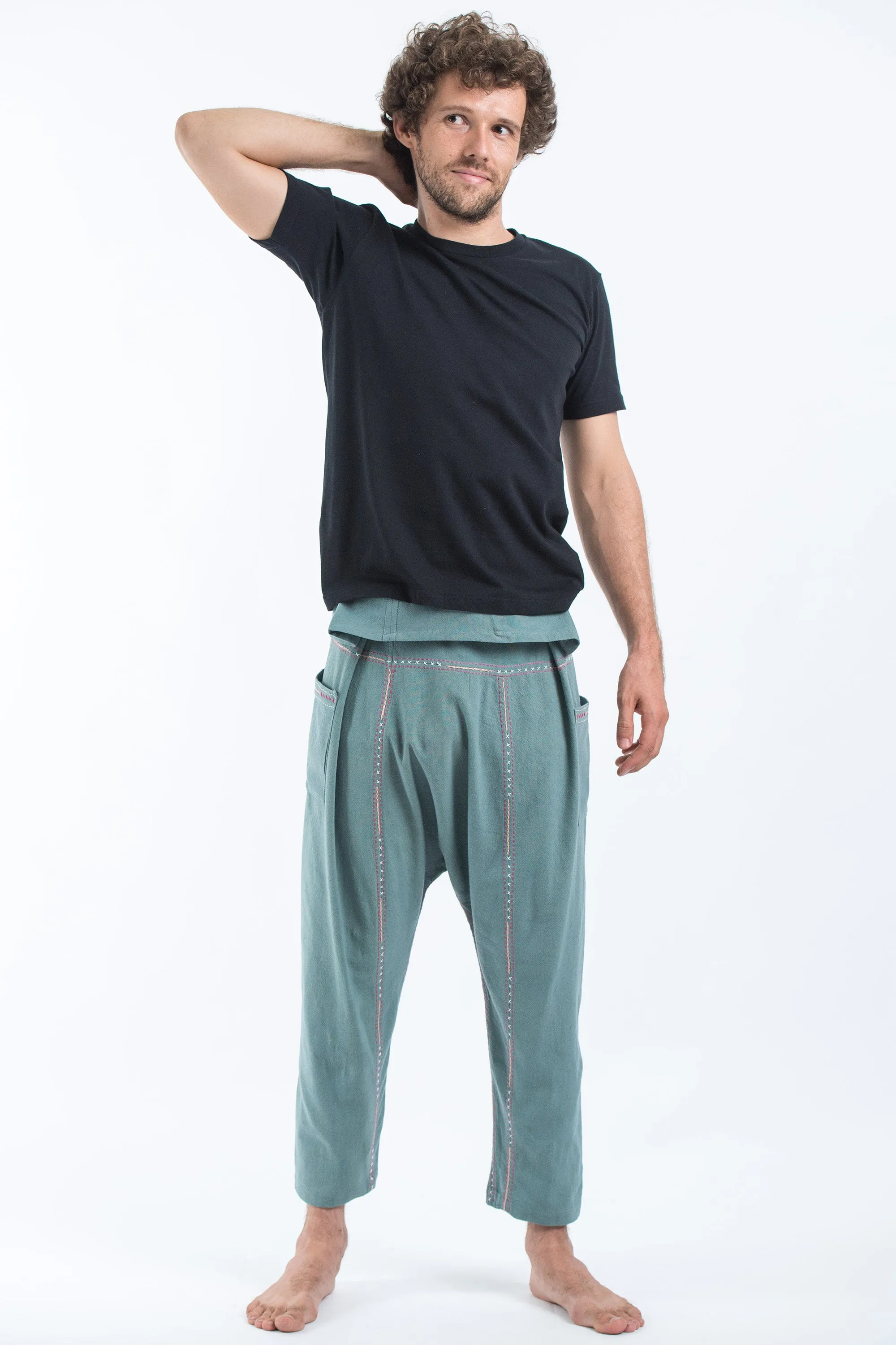 Hand Embroidered Men's Slim Cut Fisherman Pants in Teal