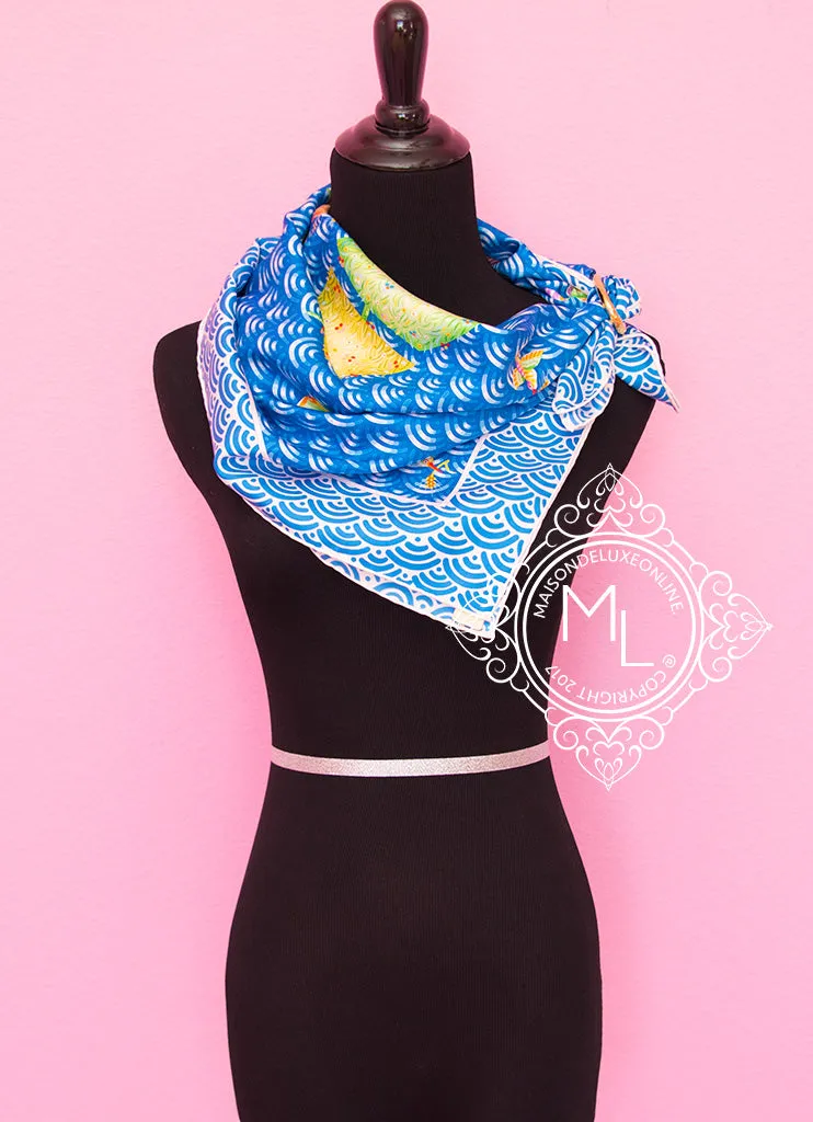 Hermes Blue Yellow Twill Silk 90 cm Bateau Fleuri Scarf