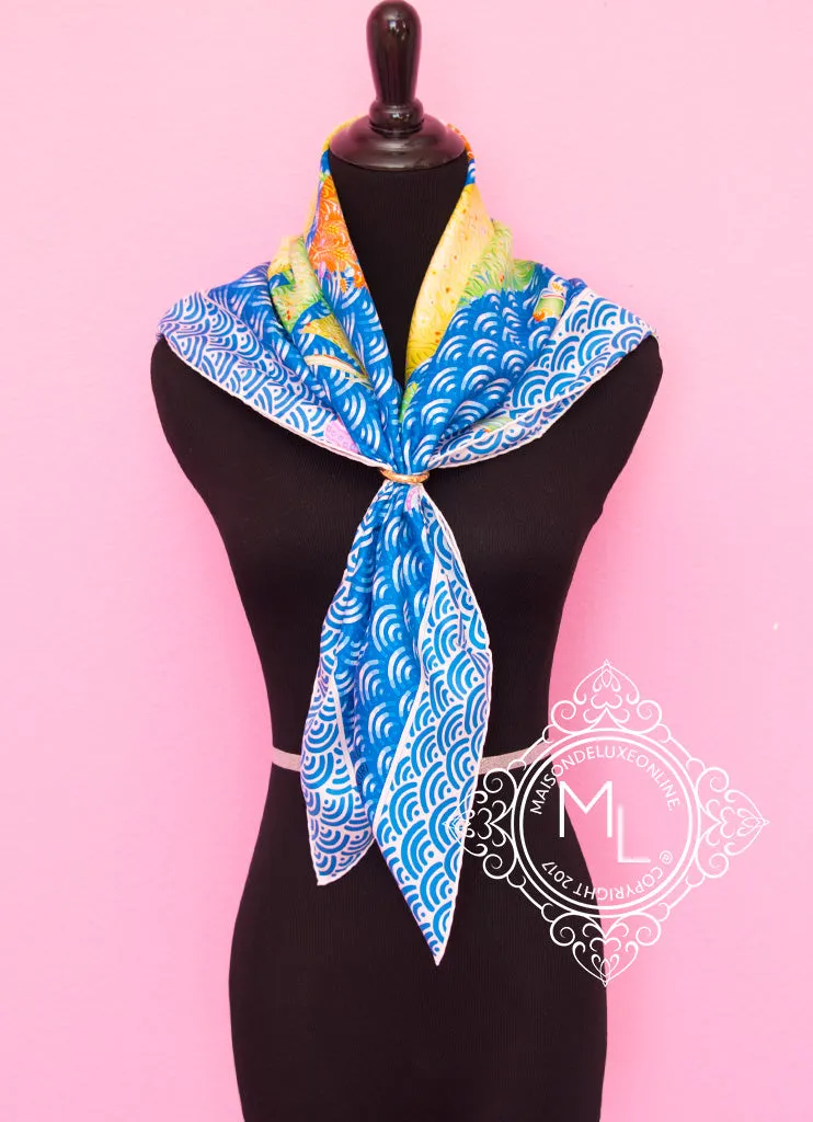 Hermes Blue Yellow Twill Silk 90 cm Bateau Fleuri Scarf