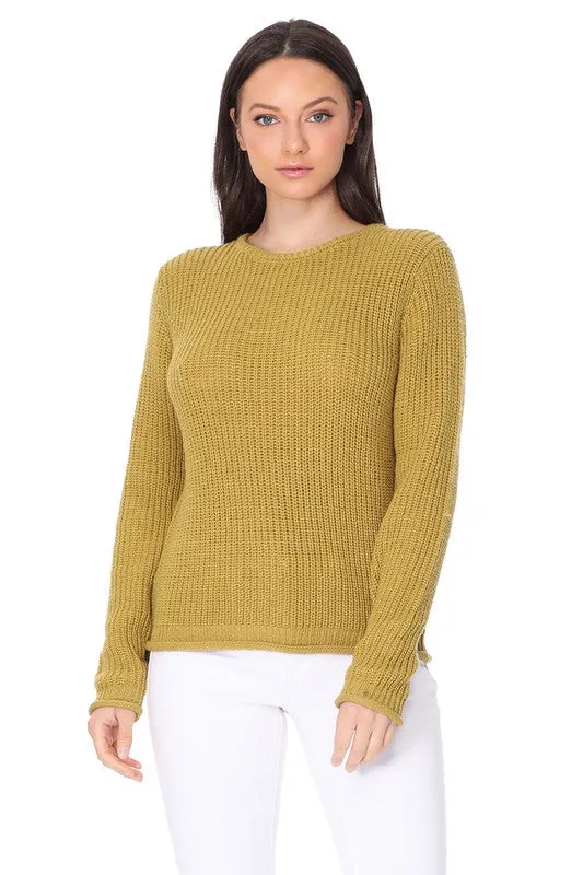 Light Weight Waffle Knit Rollup Finish Sweater Top