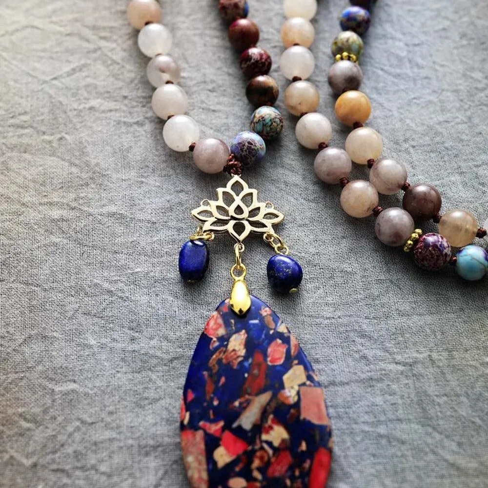 'Lotus Pendant' Agate and Jasper 108 Mala Beads Necklace