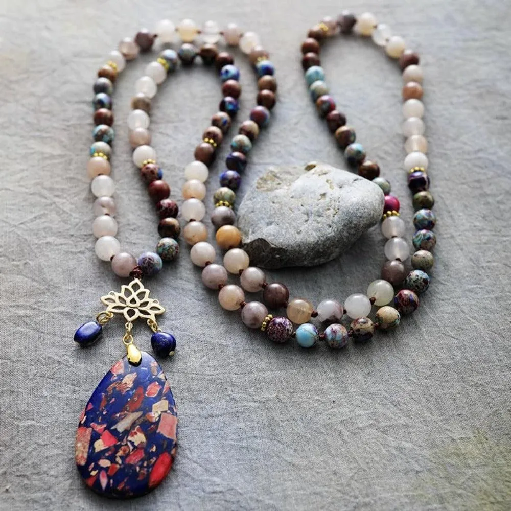 'Lotus Pendant' Agate and Jasper 108 Mala Beads Necklace