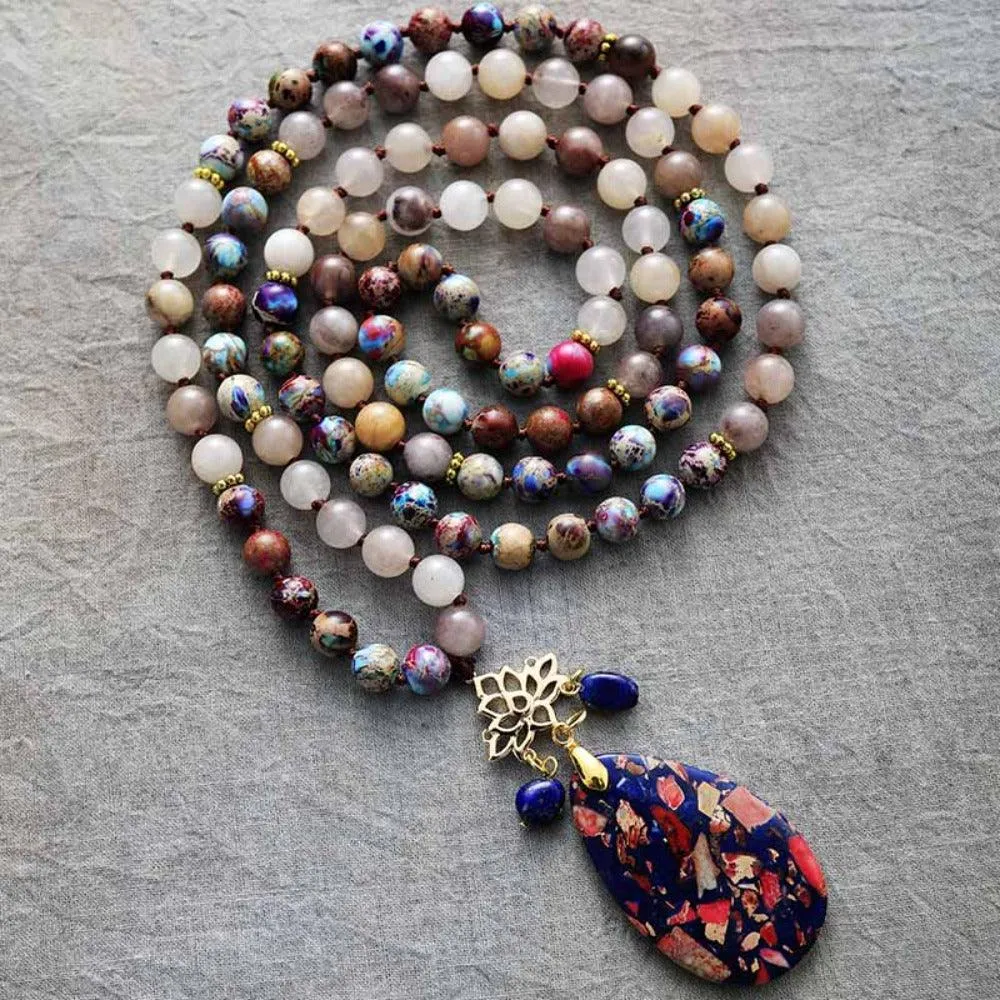 'Lotus Pendant' Agate and Jasper 108 Mala Beads Necklace