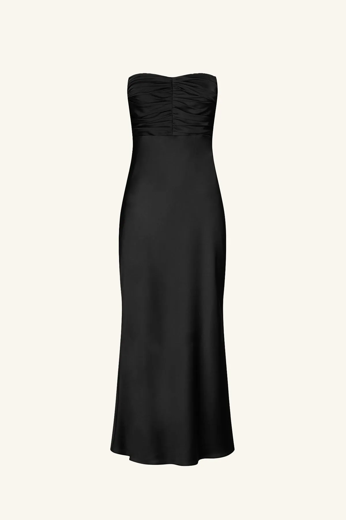 LUXE STRAPLESS RUCHED BODICE MIDI DRESS - ONYX