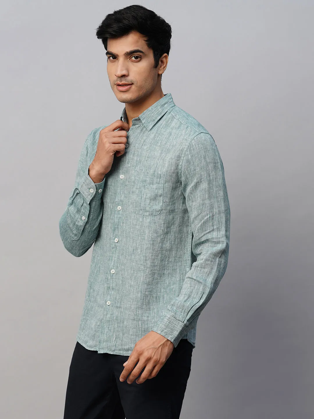 Men's Dark Green 100% Linen Regular Fit Long Sleeved Shirt