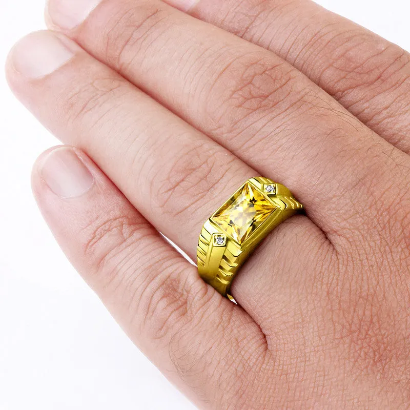 Men's Diamond Ring with Citrine Gemstone in 10k Yellow Gold