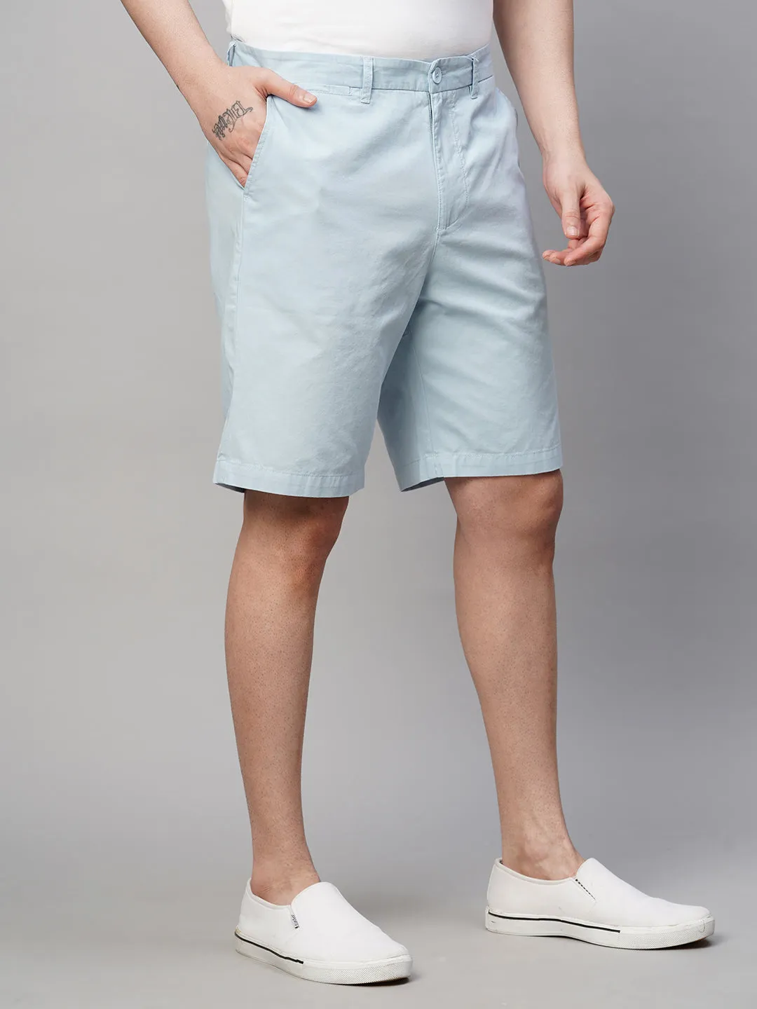 Men's Light Blue Cotton  Regular Fit Shorts