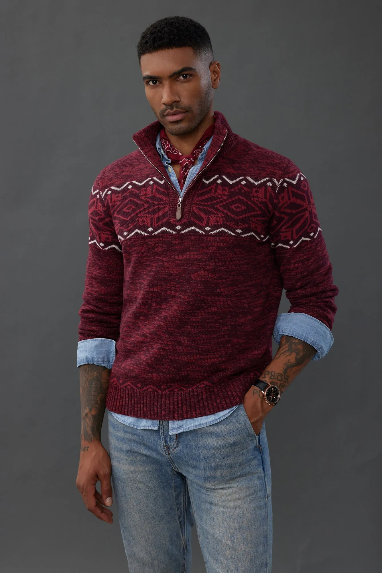 Men's Sweater Mock Neck Sweater Fair Isle Pattern Pullover Sweater Brown