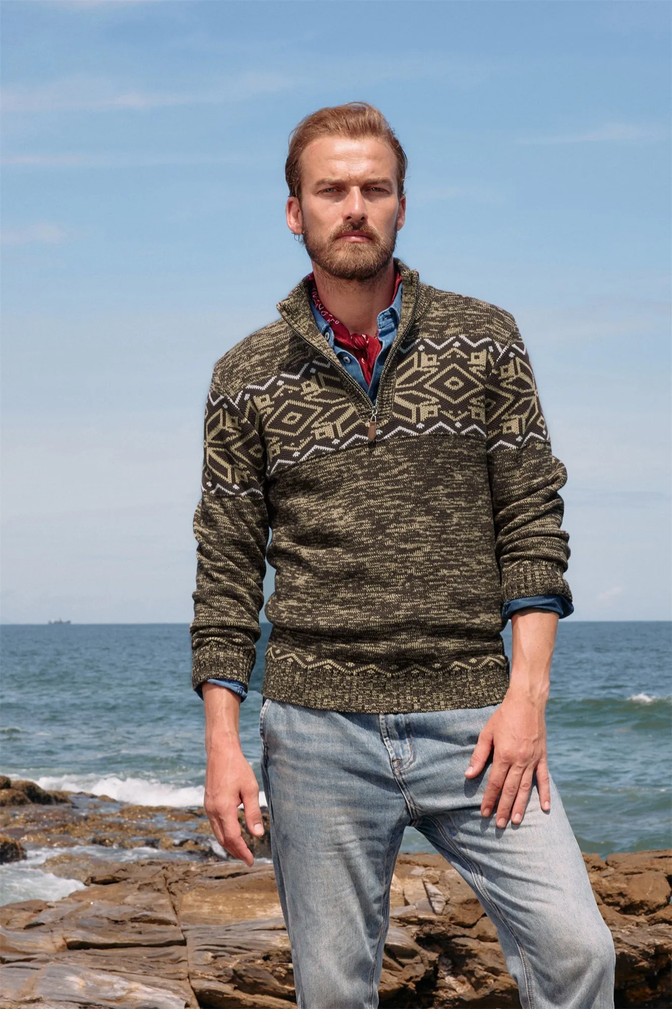 Men's Sweater Mock Neck Sweater Fair Isle Pattern Pullover Sweater Brown