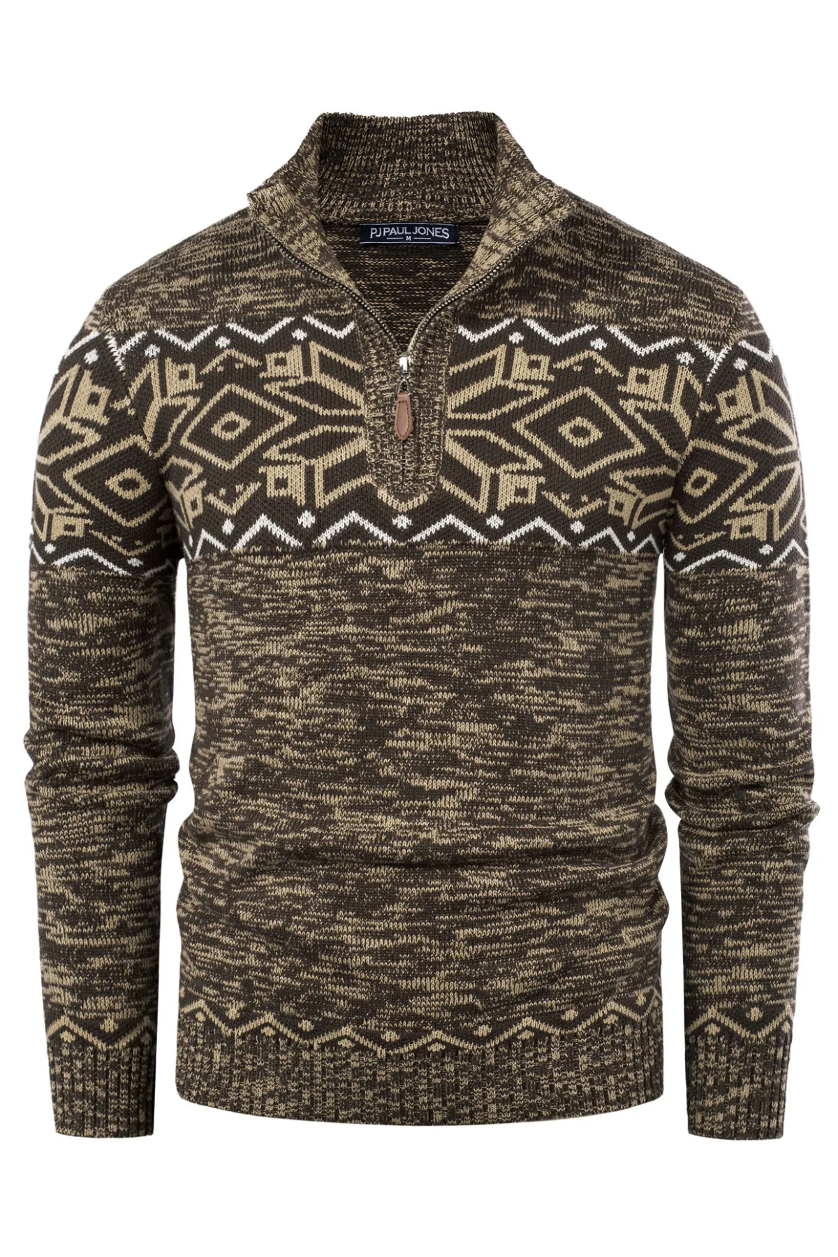 Men's Sweater Mock Neck Sweater Fair Isle Pattern Pullover Sweater Brown