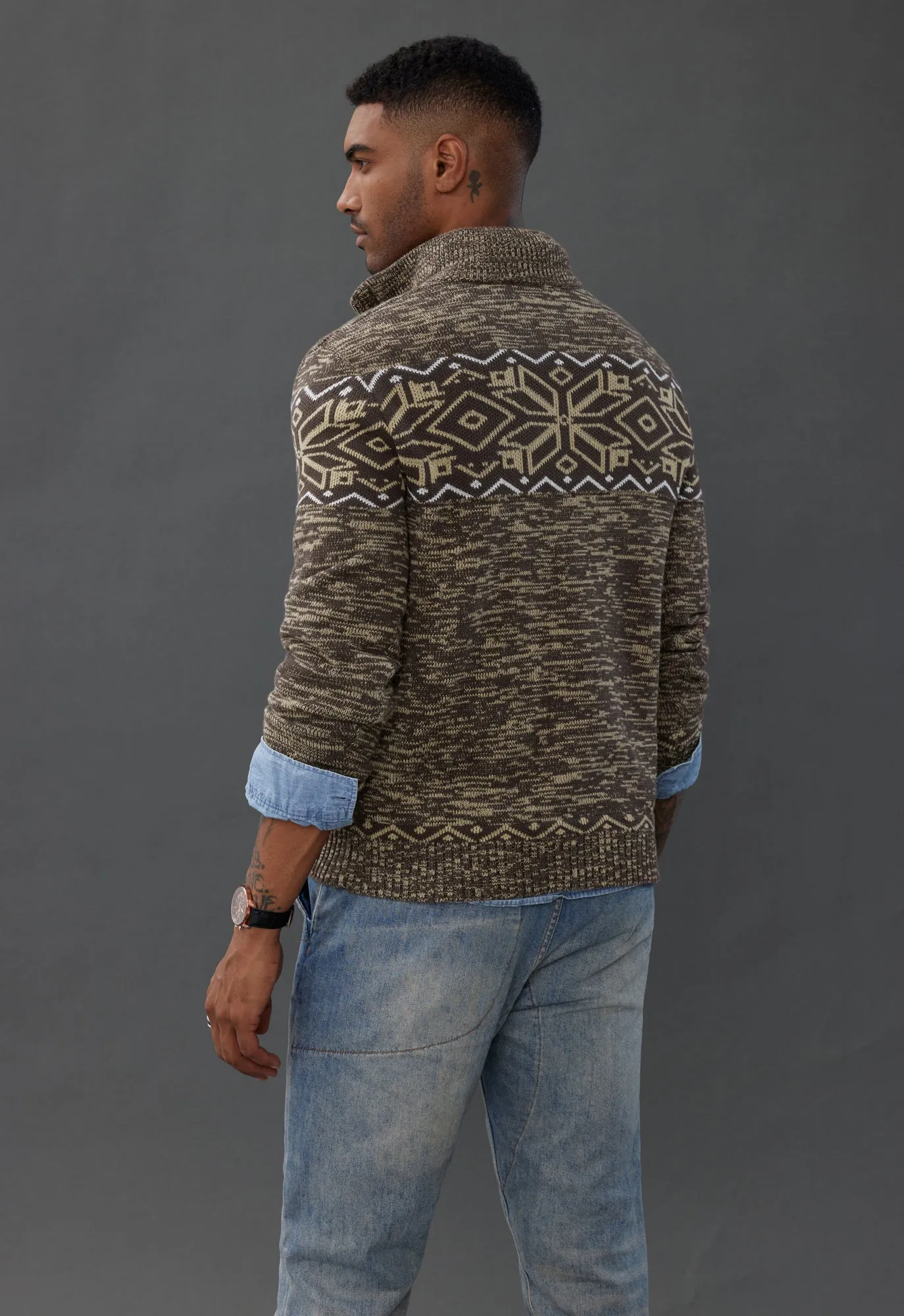 Men's Sweater Mock Neck Sweater Fair Isle Pattern Pullover Sweater Brown