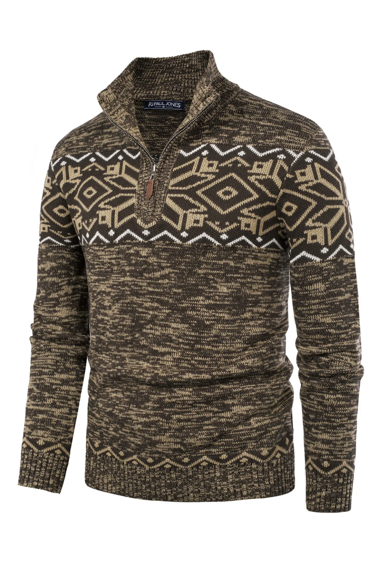 Men's Sweater Mock Neck Sweater Fair Isle Pattern Pullover Sweater Brown