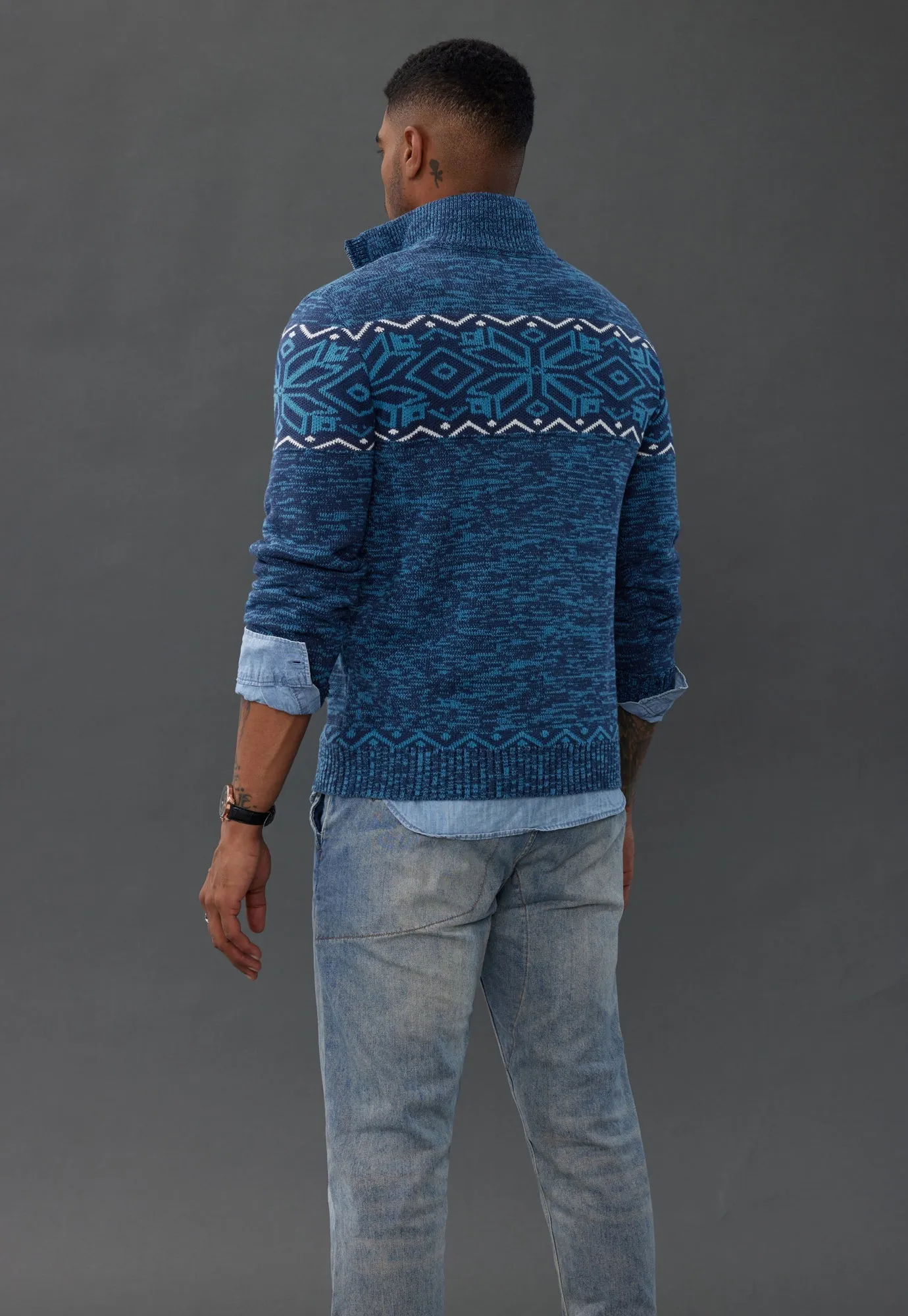 Men's Sweater Mock Neck Sweater Fair Isle Pattern Pullover Sweater Brown