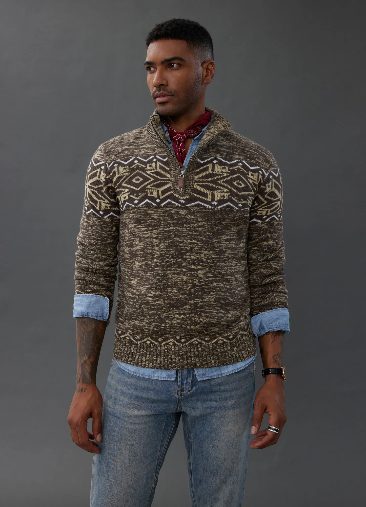 Men's Sweater Mock Neck Sweater Fair Isle Pattern Pullover Sweater Brown