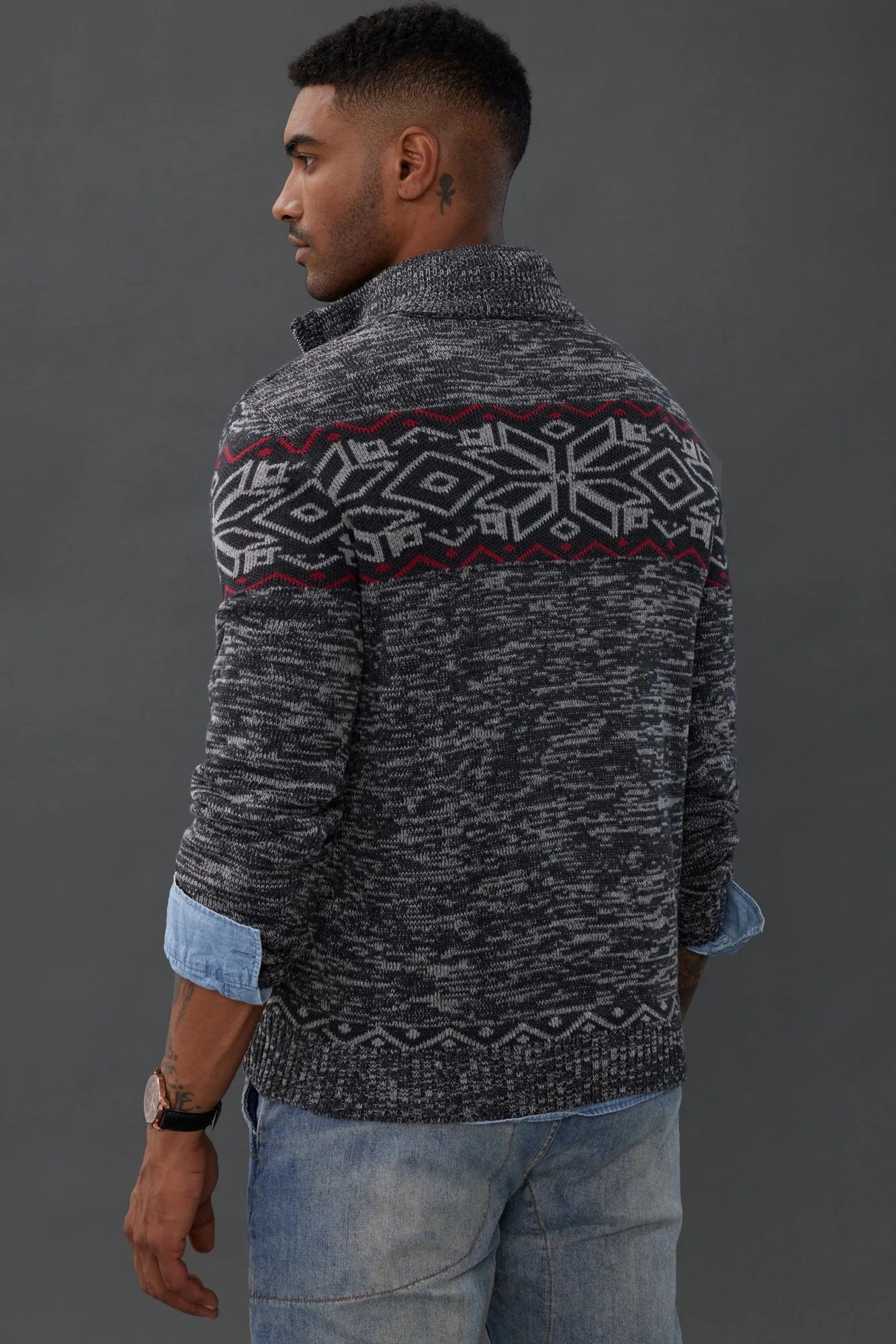 Men's Sweater Mock Neck Sweater Fair Isle Pattern Pullover Sweater Brown