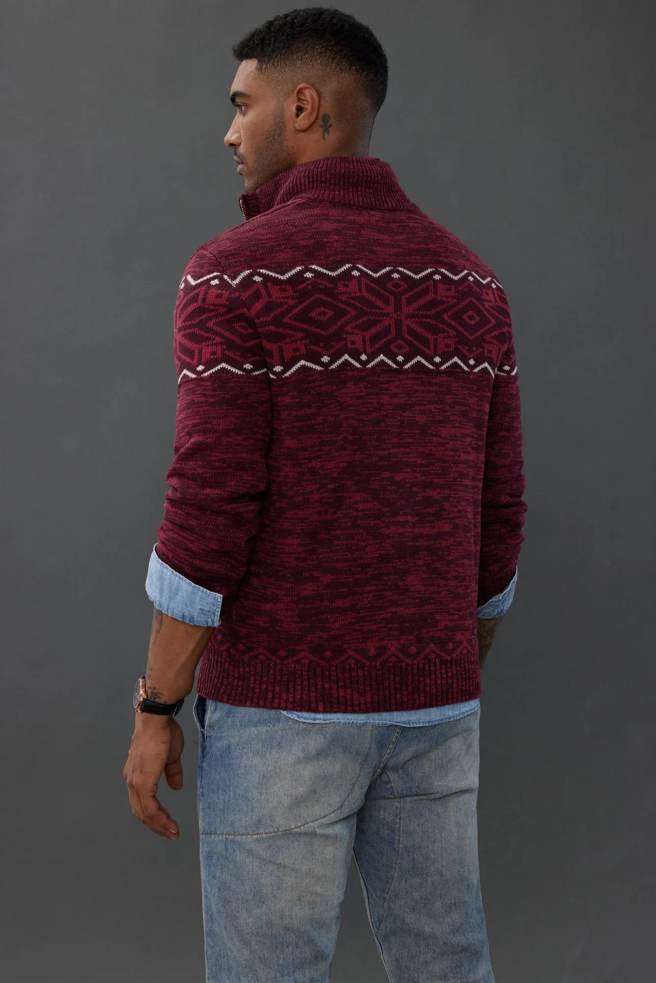 Men's Sweater Mock Neck Sweater Fair Isle Pattern Pullover Sweater Brown