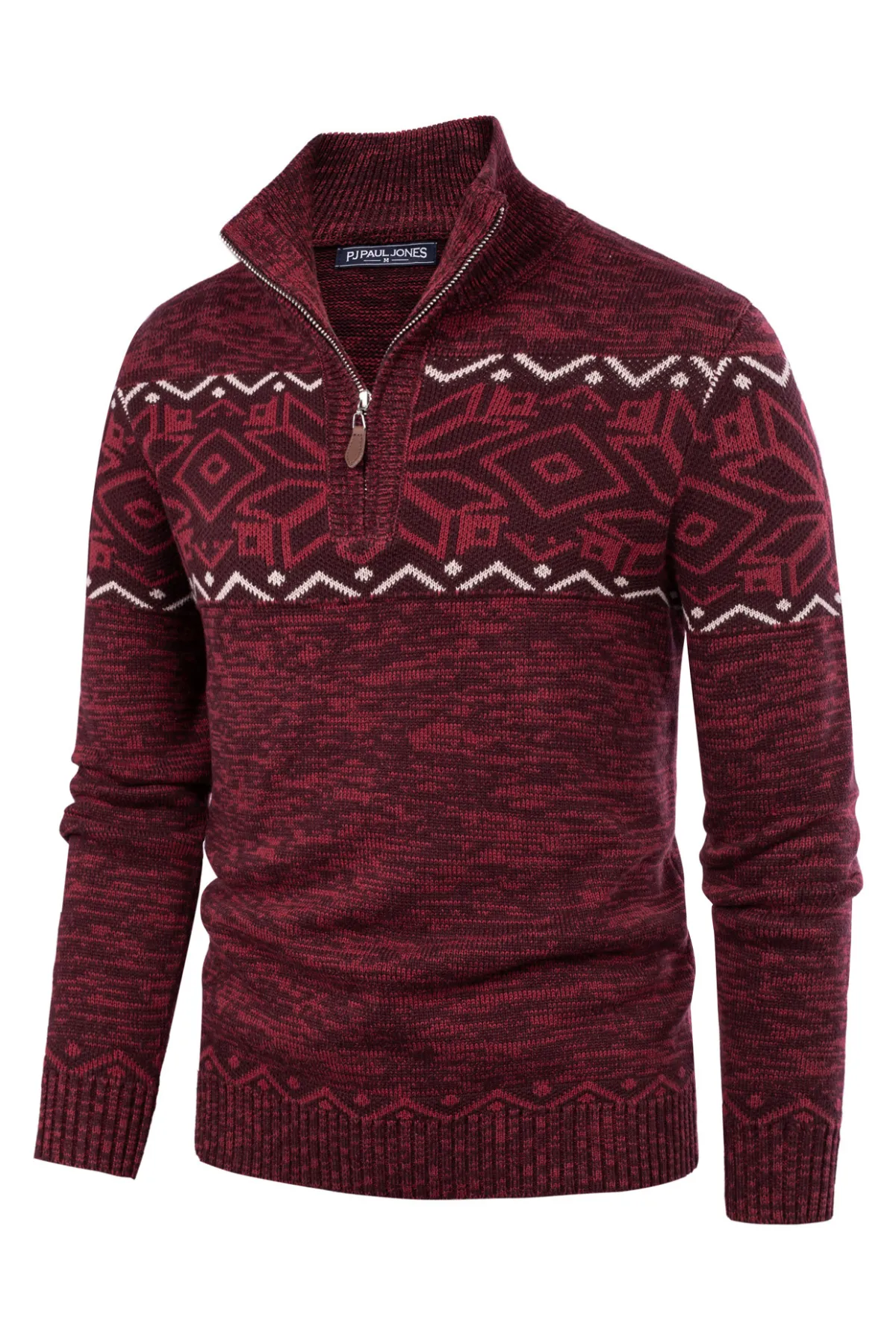 Men's Sweater Mock Neck Sweater Fair Isle Pattern Pullover Sweater Brown