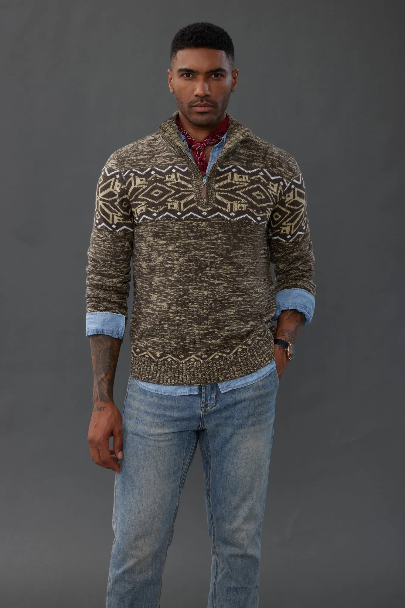 Men's Sweater Mock Neck Sweater Fair Isle Pattern Pullover Sweater Brown