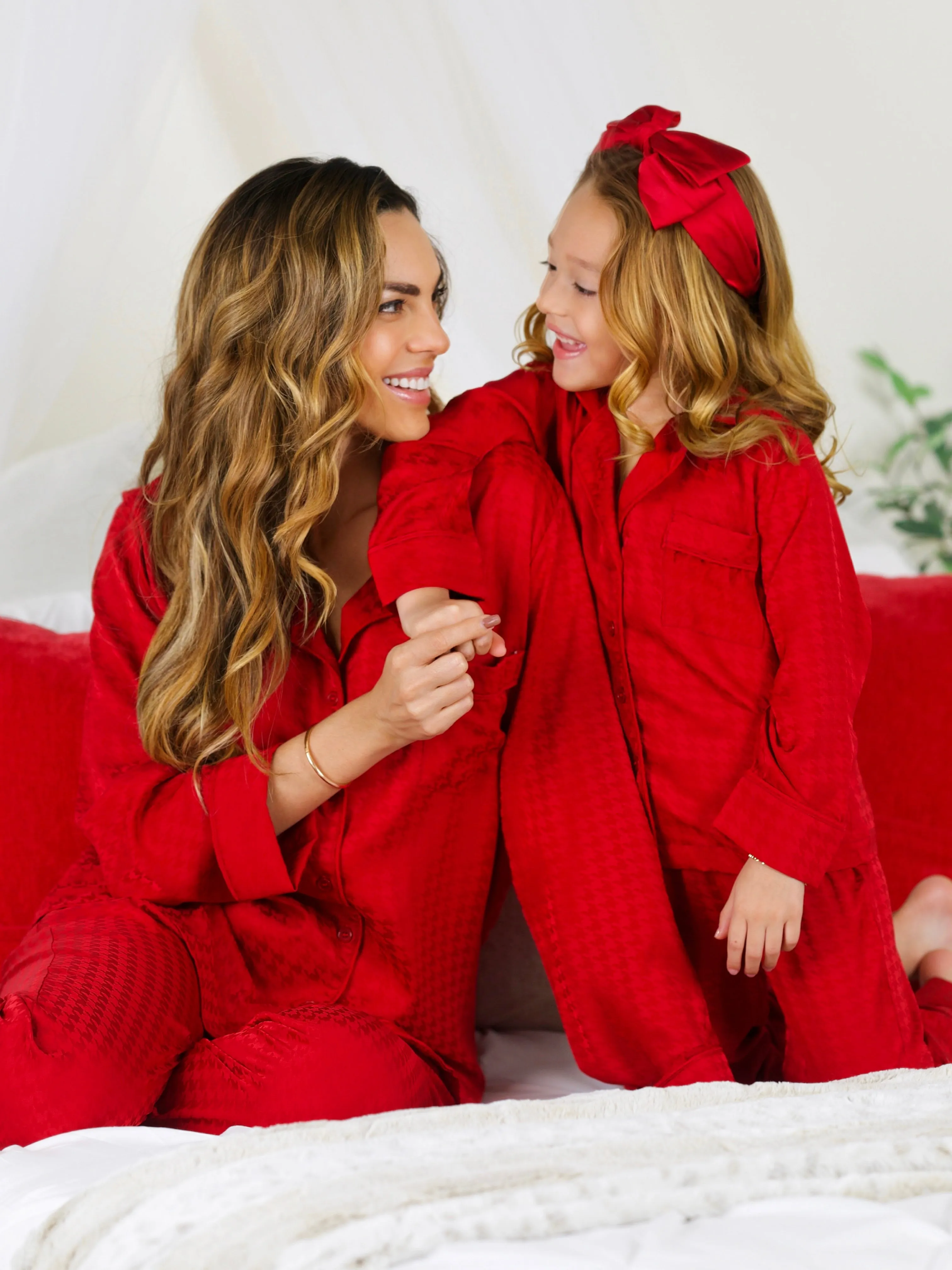 Mommy and Me Red Houndstooth Silk Pajama Set