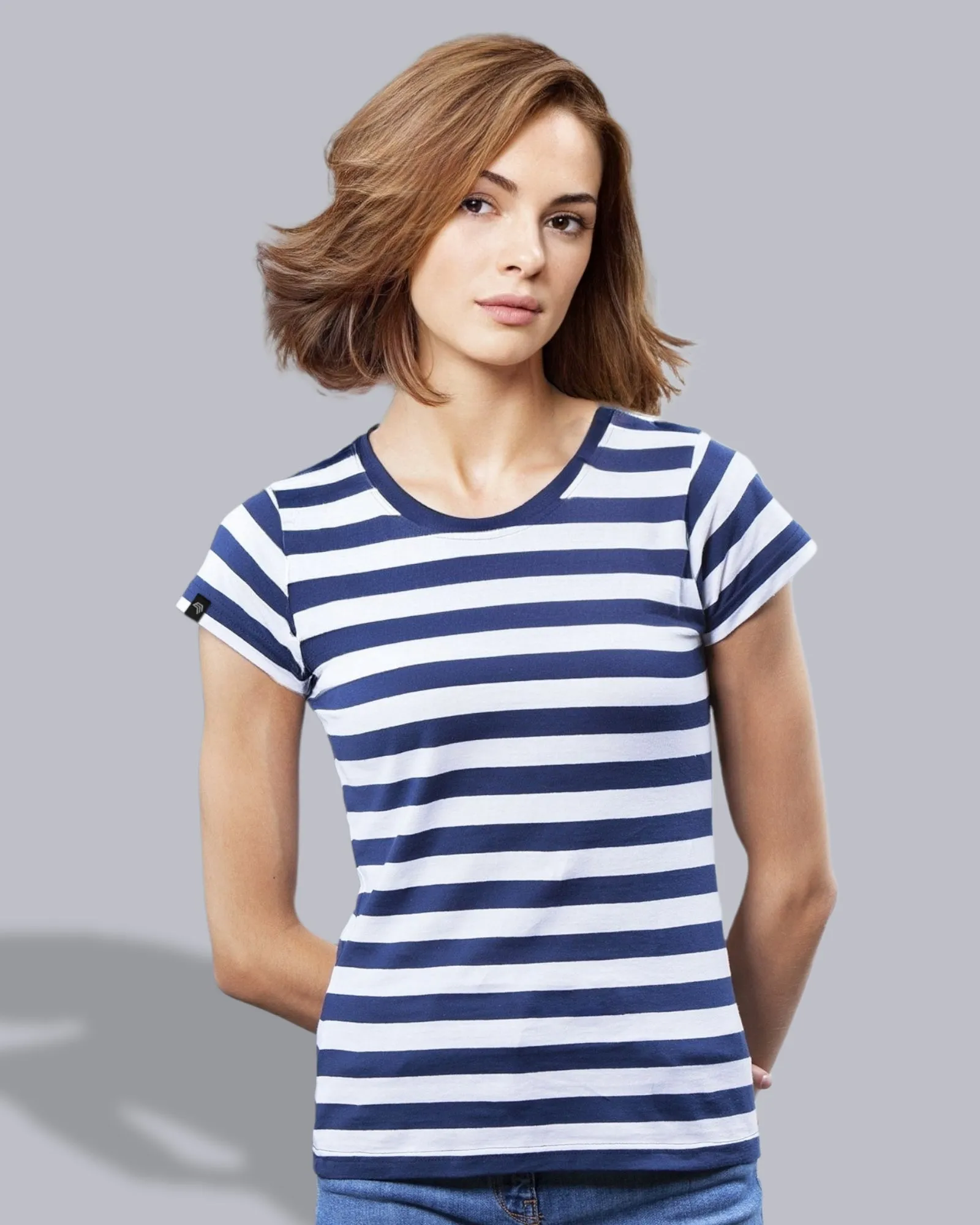 MTS M110 ― Weiches Damen Stripy Bio-Baumwolle T-Shirt - Navy Blau / Weiß