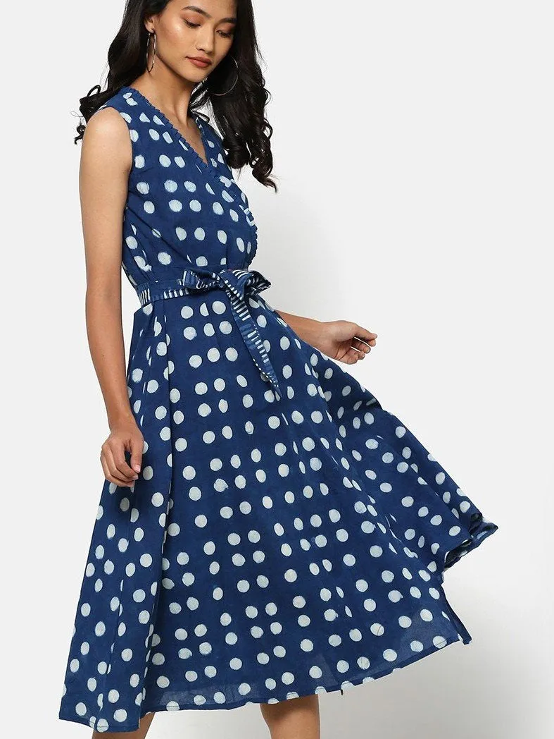 Neelam Indigo Dyed Hand Block Printed Polka Dress