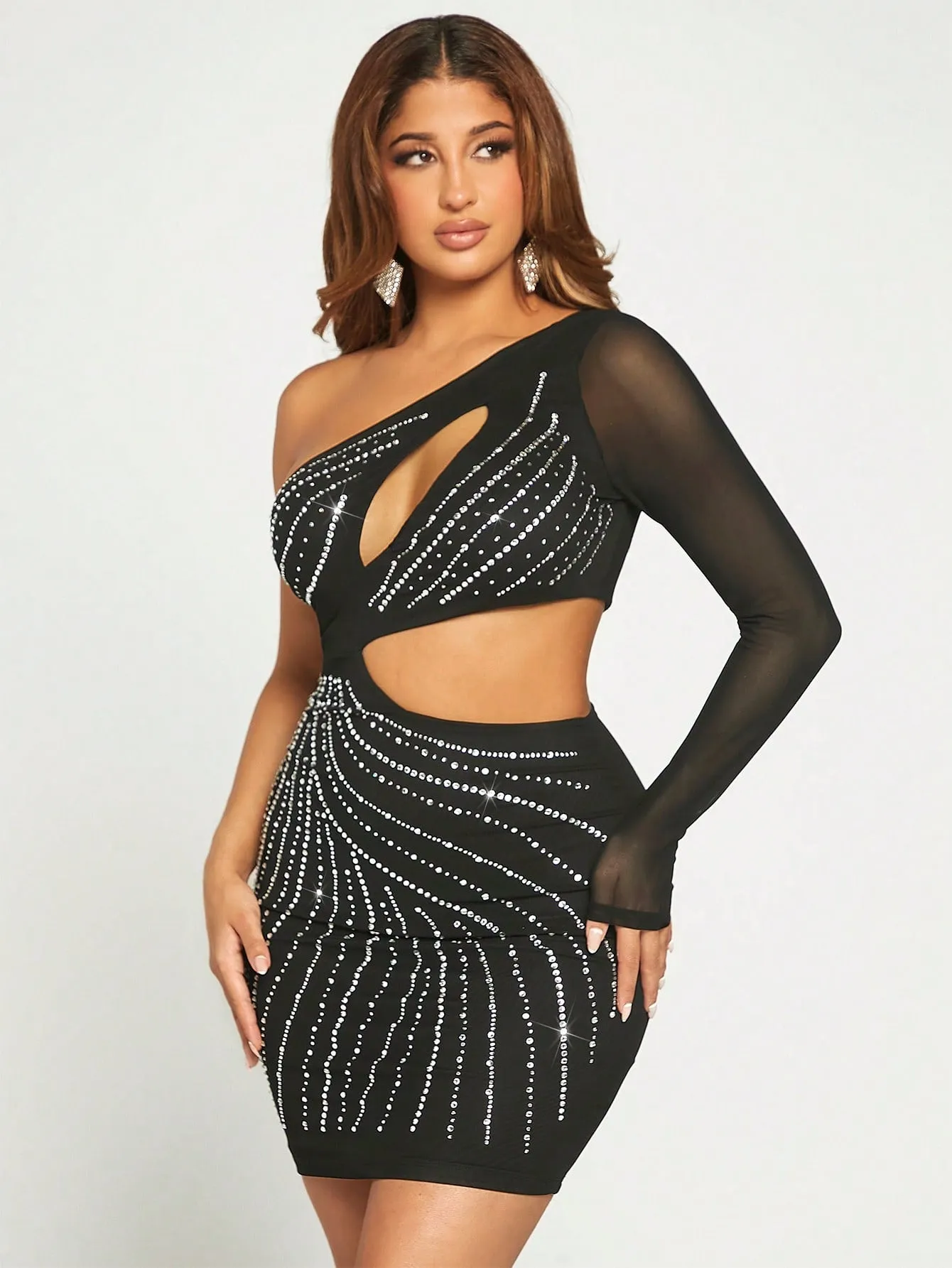 One Shoulder Cut Out Rhinestone Bodycon Dress