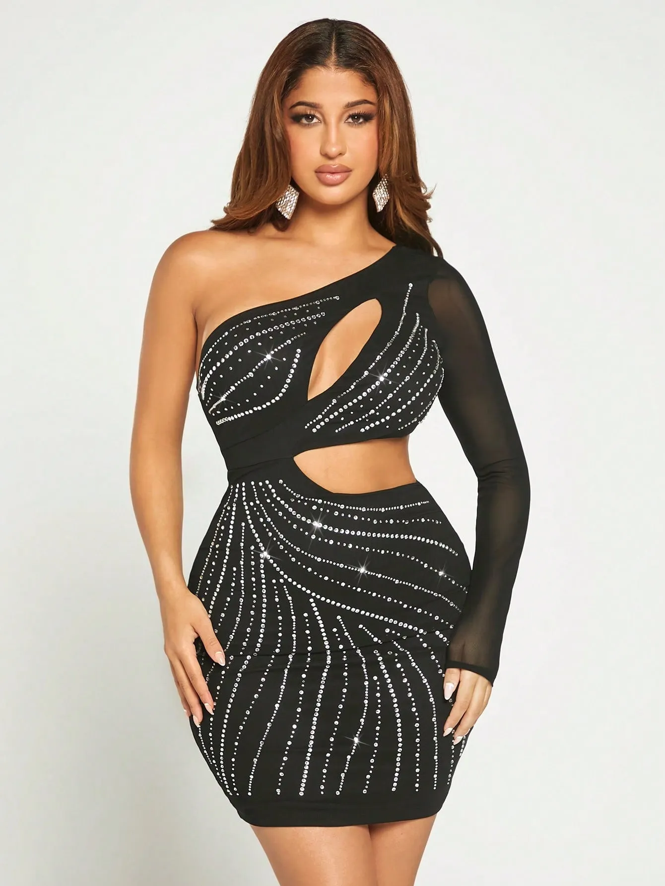 One Shoulder Cut Out Rhinestone Bodycon Dress