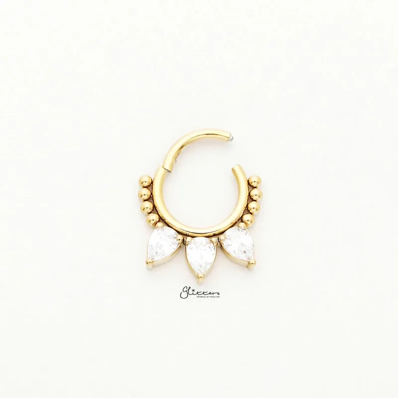 Pear CZ Hinged Segment Hoop Ring - Gold