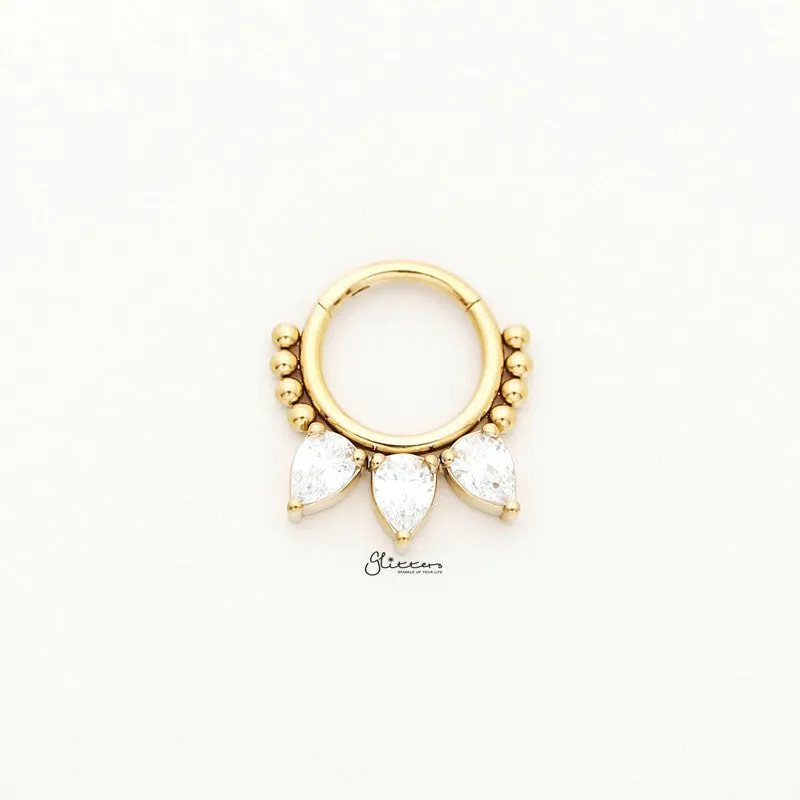 Pear CZ Hinged Segment Hoop Ring - Gold