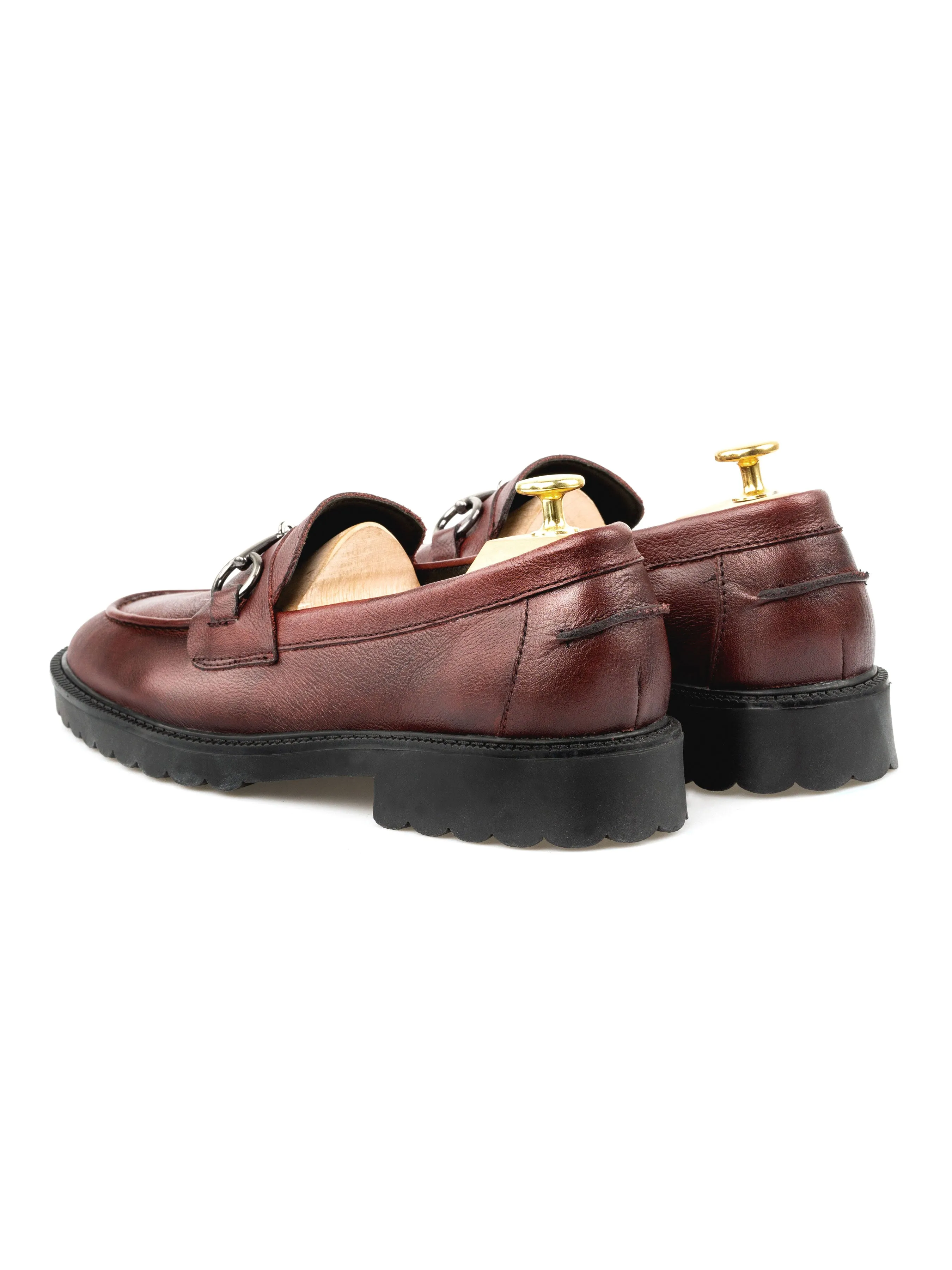 Penny Loafer Horsebit Buckle - Red Burgundy Pebble Grain Leather (Combat Sole)