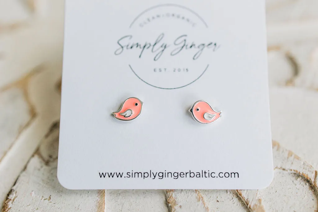 Pink Birdy Earrings ll Sterling Silver Studs ll Little Girls Earrings ll Birthday Gifts