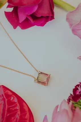 Prong Set Square Gemstone Necklace - Tourmaline 14k