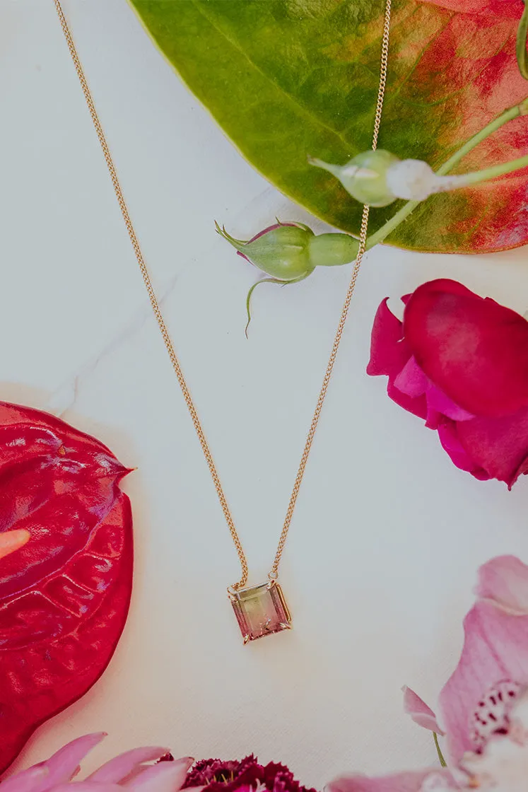 Prong Set Square Gemstone Necklace - Tourmaline 14k