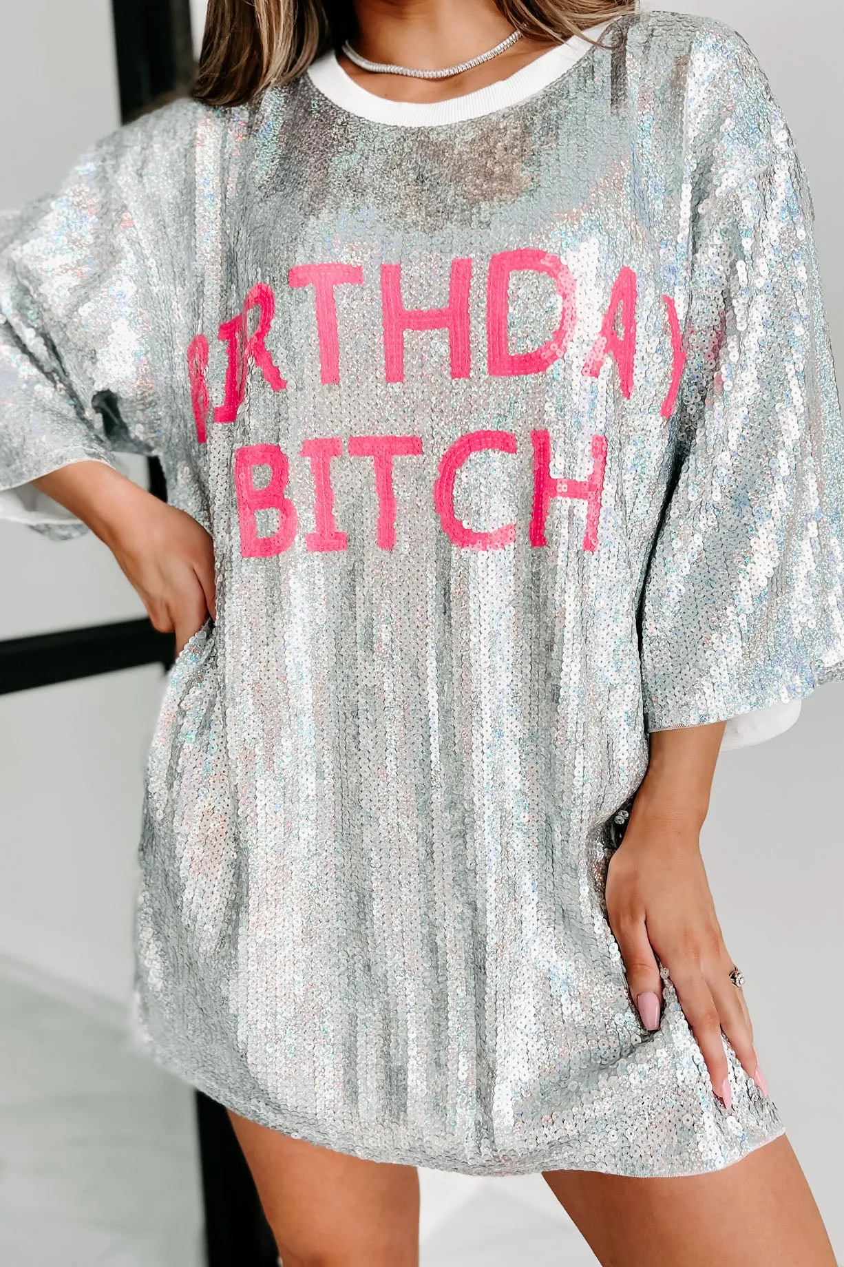 "Birthday Bitch" Sequin Mini Dress (Silver)