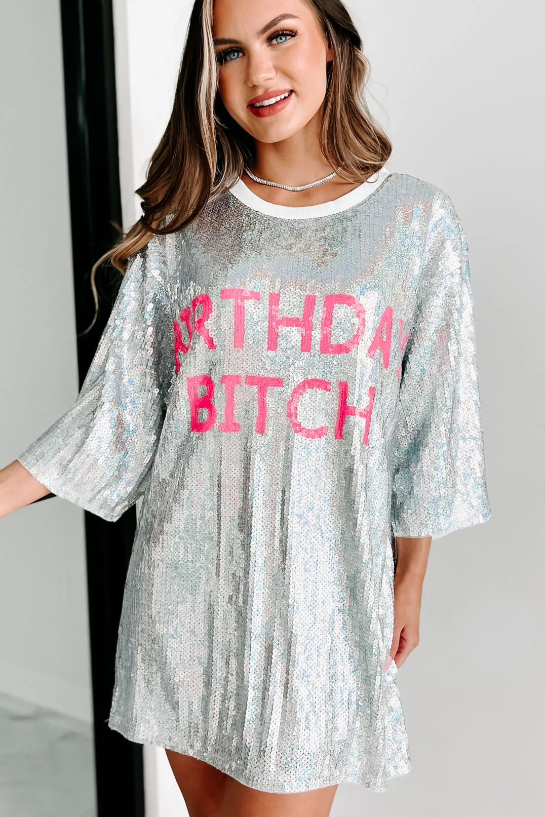 "Birthday Bitch" Sequin Mini Dress (Silver)