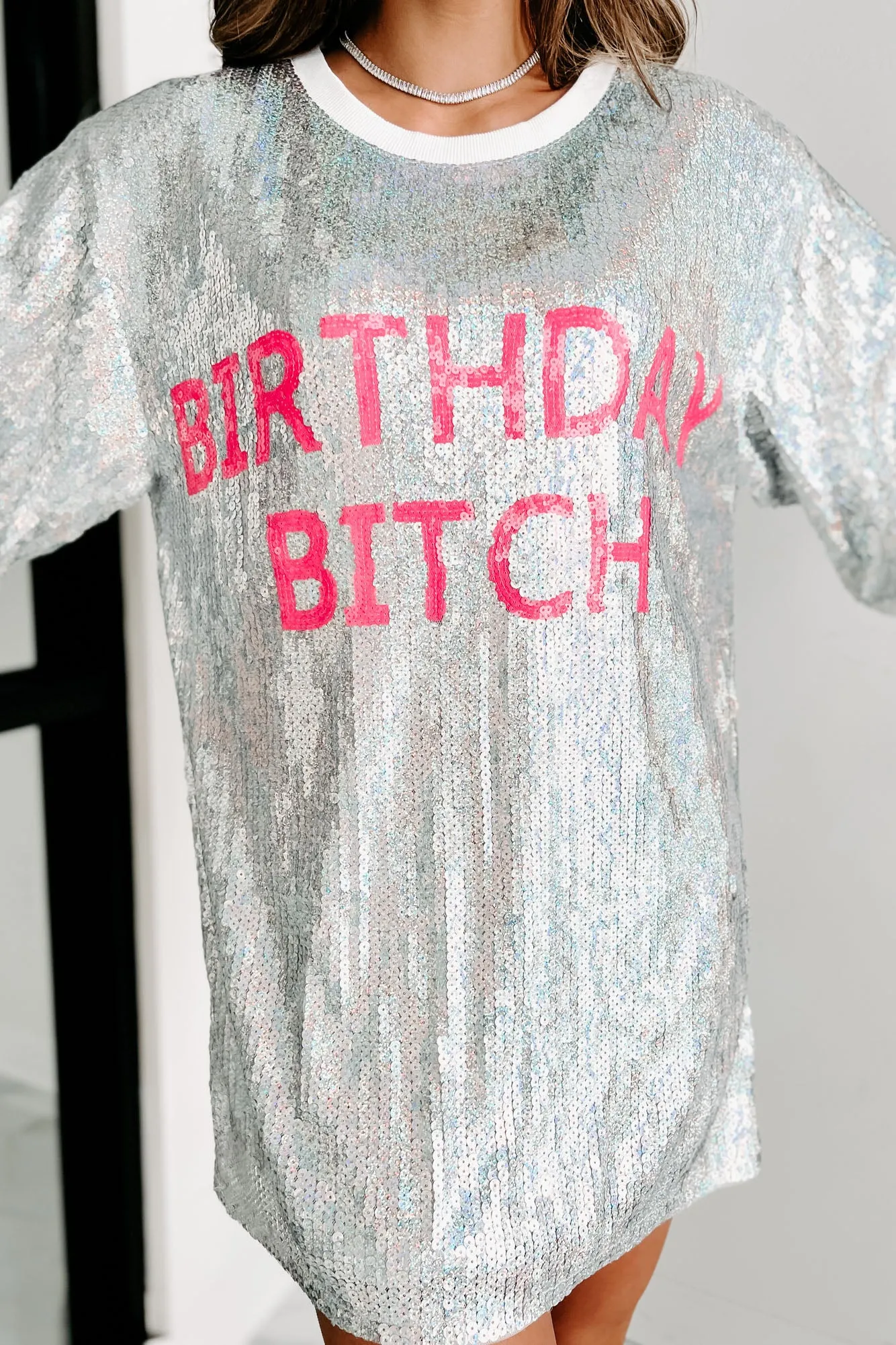 "Birthday Bitch" Sequin Mini Dress (Silver)