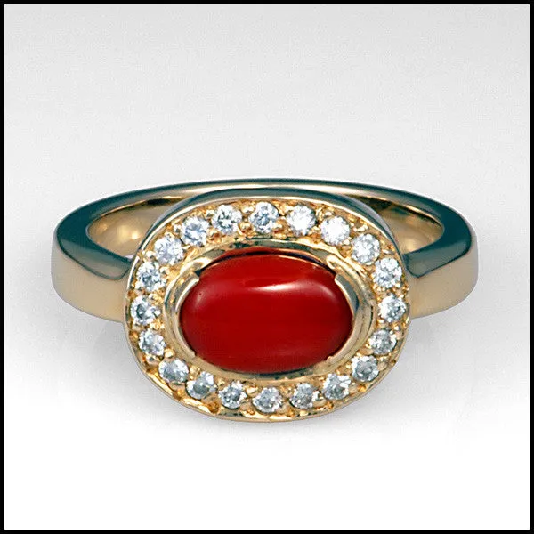 Red Coral Diamond 14kt Yellow Gold Ring