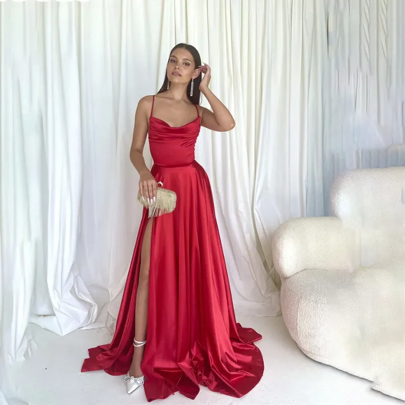 Red Lace Up Back Spaghetti Strap Satin Formal Party Gown