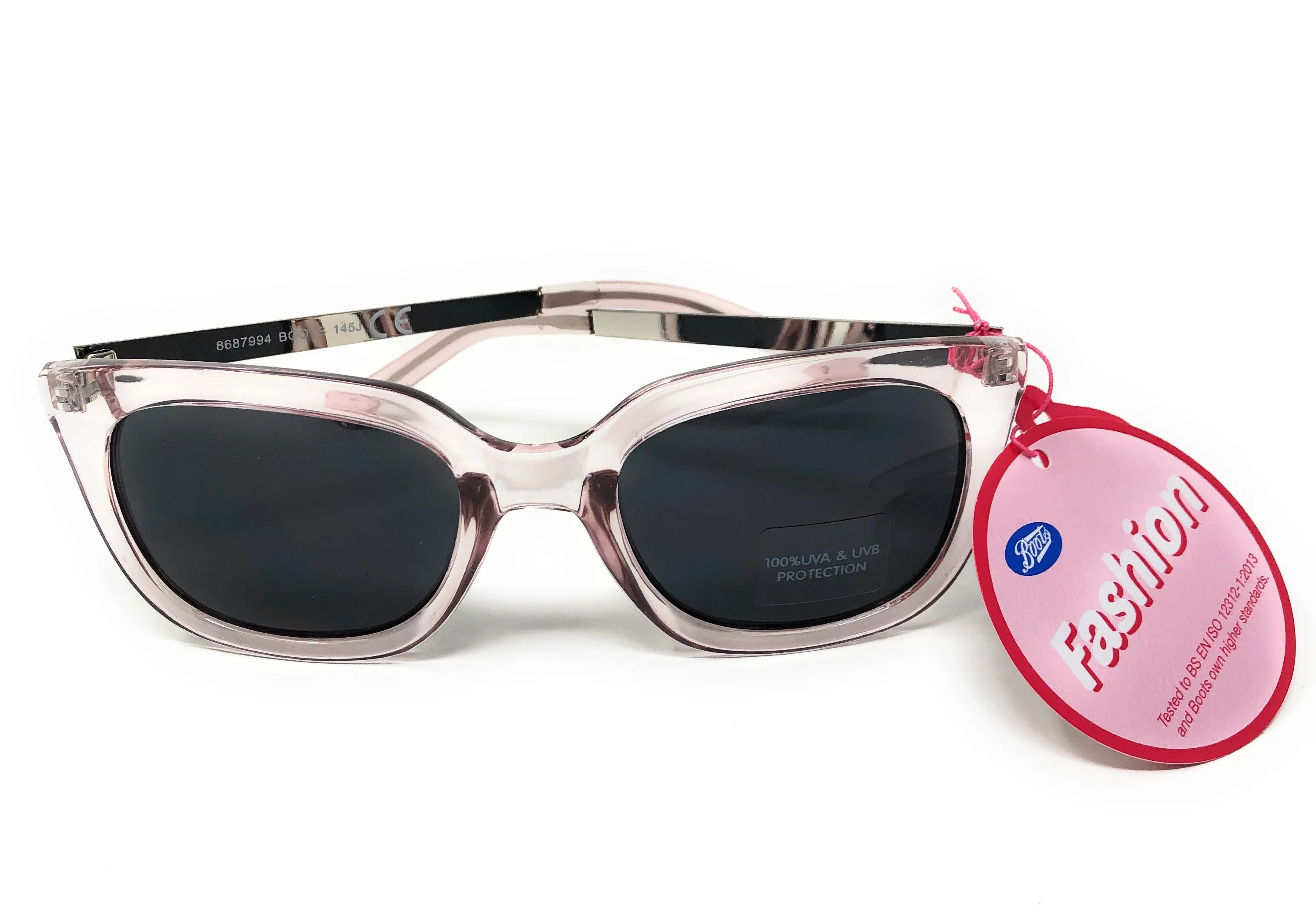 Retro Women's Sunglasses by Boots (model 145J) –  Translucent Rose Frame and Silver Arms with full UV Protection