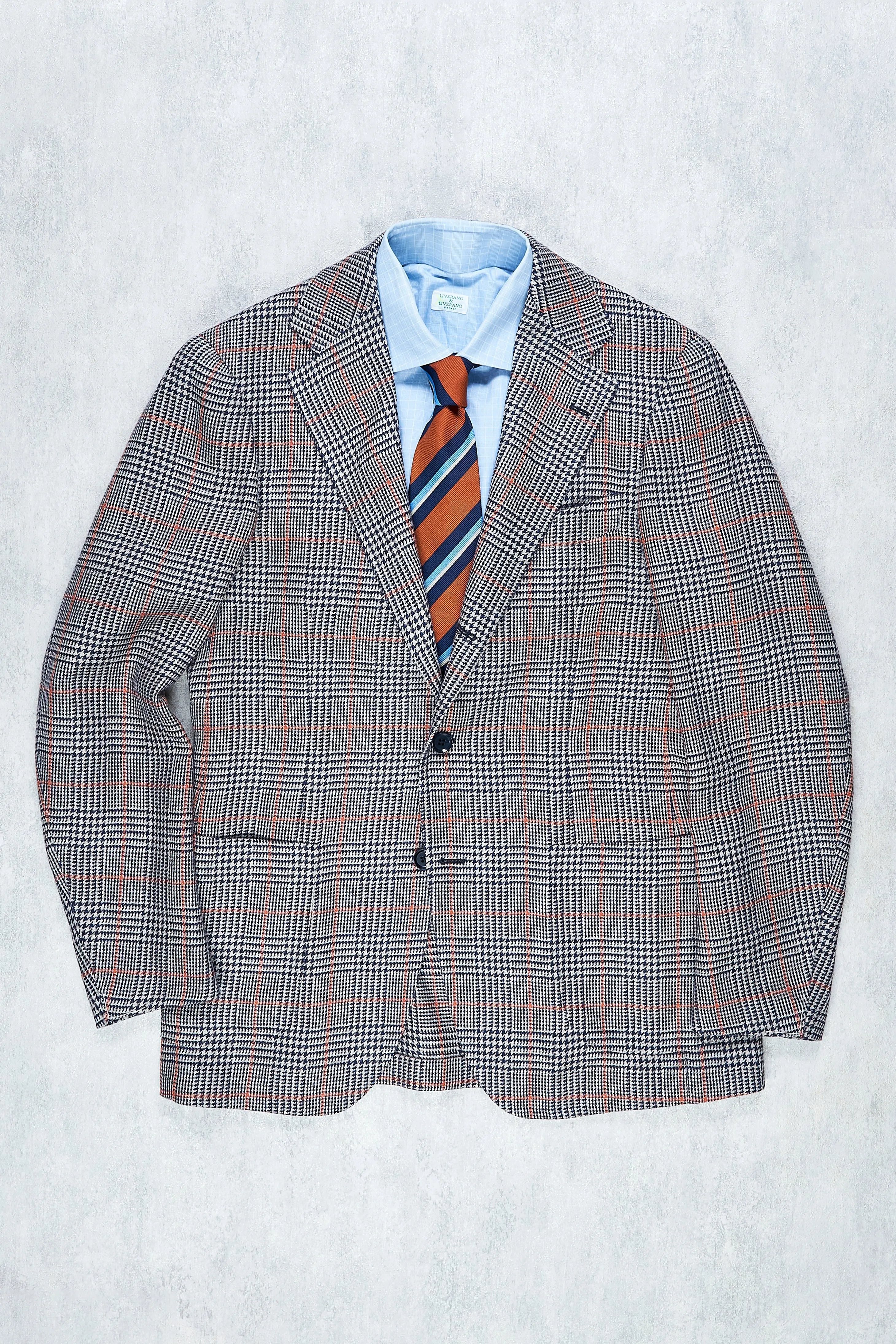 Ring Jacket 269 Navy White Orange Prince of Wales Check Wool-Linen Sport Coat