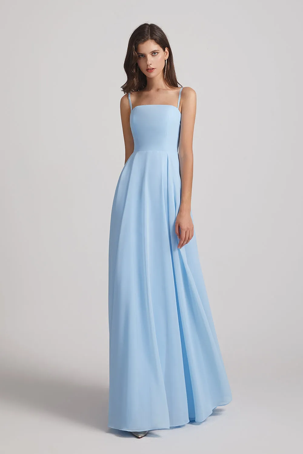 Ruched Spaghetti Straps Blue Chiffon Bridesmaid Dresses (AF0062)